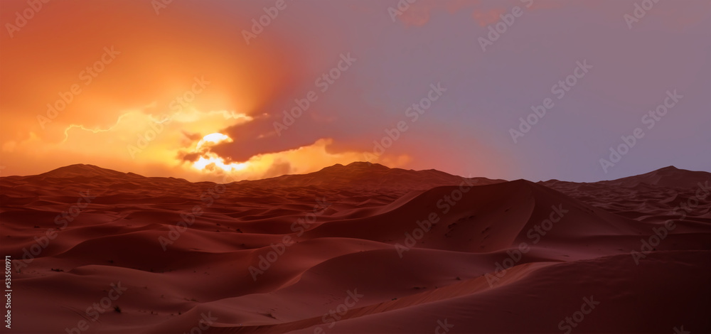 Beautiful landscape with sand dunes in the Sahara desert at amazing sunrise - Sahara, Morocco