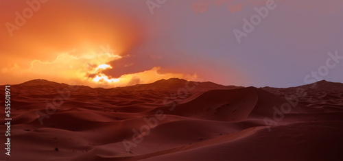 Beautiful landscape with sand dunes in the Sahara desert at amazing sunrise - Sahara  Morocco