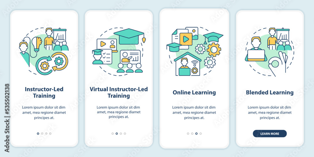 How to organize corporate training onboarding mobile app screen. Walkthrough 4 steps editable graphic instructions with linear concepts. UI, UX, GUI template. Myriad Pro-Bold, Regular fonts used