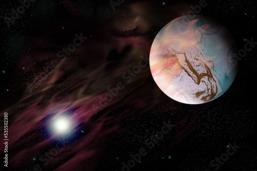 Cosmic background - a fantastic planet and the sun on the background of a cosmic nebula.