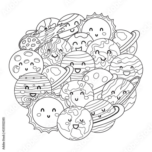 Cute planets circle shape pattern. Solar system planets coloring page. Space black and white mandala for coloring book.  Vector illustration