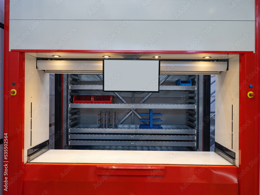 Storage equipment. Window for monitoring robotic warehouse. Steel shelves with plastic boxes. Robotic storage in production. Depreciation storage logistics. Robotic warehouse call red chamber Storage equipment. Window for monitoring robotic warehouse. Steel shelves with plastic boxes. Robotic storage in production. Depreciation storage logistics. Robotic warehouse call red chamber