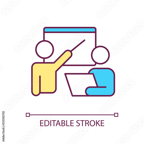Teaching student RGB color icon. Mentorship. Education services. Improve professional skills and knowledge. Isolated vector illustration. Simple filled line drawing. Editable stroke. Arial font used