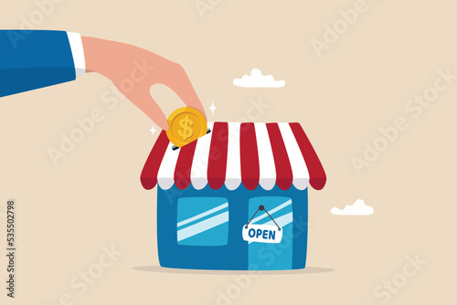 Funding small business, backing startup project or banking loan to start new business, investment or saving to open new shop concept, businessman hand funding by put coin into small business store.