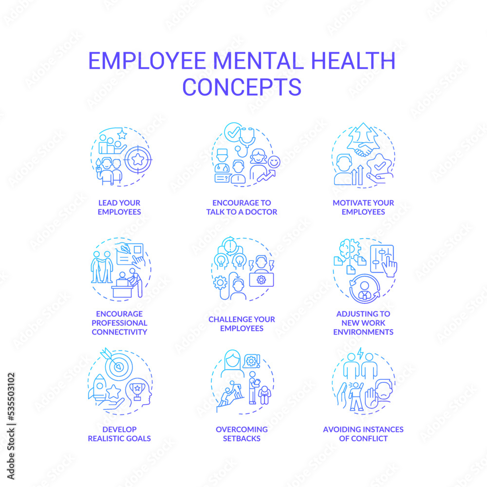 Employee mental health blue gradient concept icons set. Workforce resilience. Caring work environment idea thin line color illustrations. Isolated symbols. Roboto-Medium, Myriad Pro-Bold fonts used