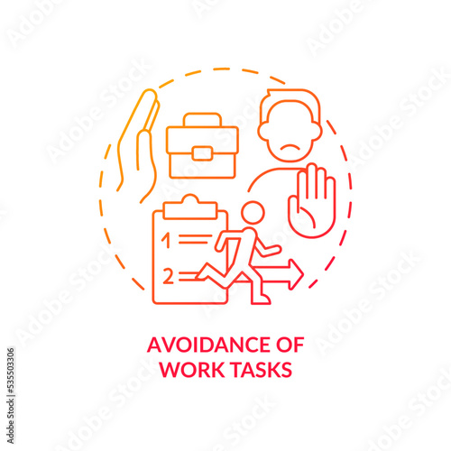 Refraining of work tasks red gradient concept icon. Employees counterproductive behavior. Avoid duties abstract idea thin line illustration. Isolated outline drawing. Myriad Pro-Bold font used