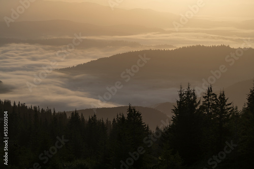 Beautiful landscape of morning foggy of the Carpathian mountains on a sunny day in summer. Western Ukraine, Europe