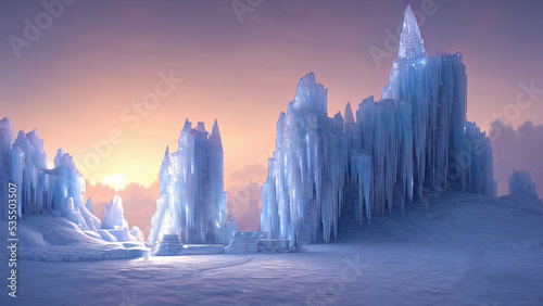 Winter landscape with neon sunset. Large blocks of ice  frozen trees. Fantasy winter snowy landscape. Frozen nature. 