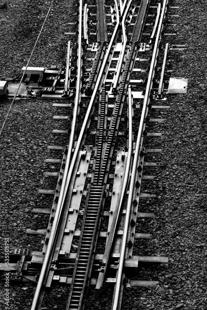 Historic Rack Railway track with switch seen from a bridge at middle