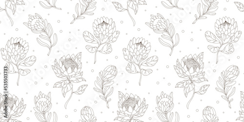 Wallpaper Mural Linear pattern with exotic African flowers. Seamless pattern with protea. Vector hand drawn illustration isolated on white background. Torontodigital.ca