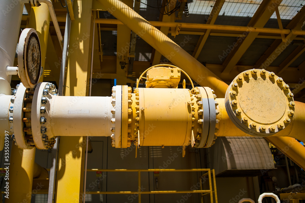 Oil and gas processing plant with pipe line valves.Steel pipelines and
