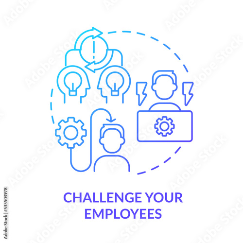 Training employees blue gradient concept icon. Push out of comfort zone. Boost professional development abstract idea thin line illustration. Isolated outline drawing. Myriad Pro-Bold font used photo
