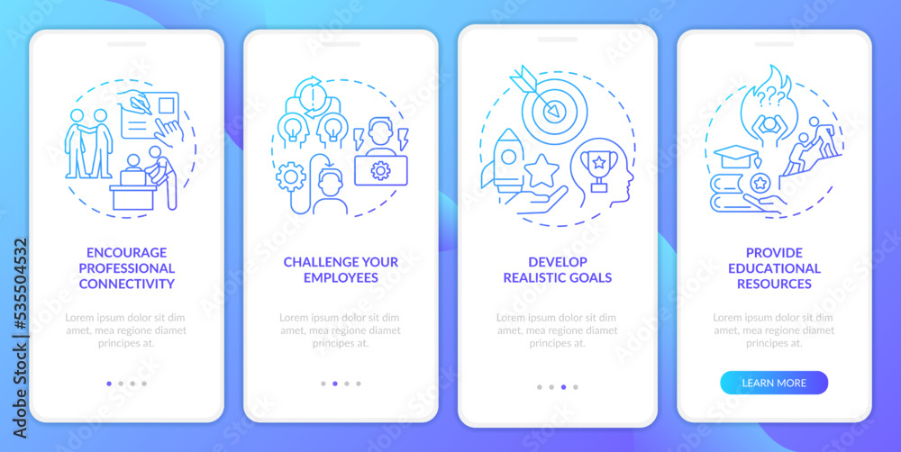 Boost employees skills blue gradient onboarding mobile app screen. Mentoring walkthrough 4 steps graphic instructions with linear concepts. UI, UX, GUI template. Myriad Pro-Bold, Regular fonts used