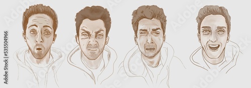 Foto emociones y gestos faciales, alegría, tristeza, asombro y enojo