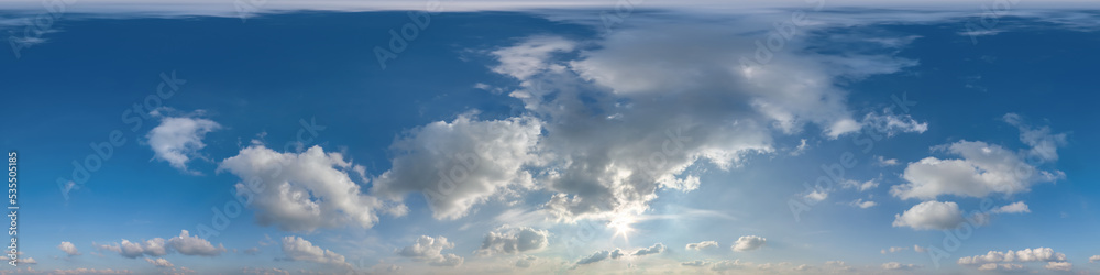 evening blue sky with beautiful clouds as seamless hdri 360 panorama view with zenith for use in 3d graphics or game development as sky dome or edit drone shot