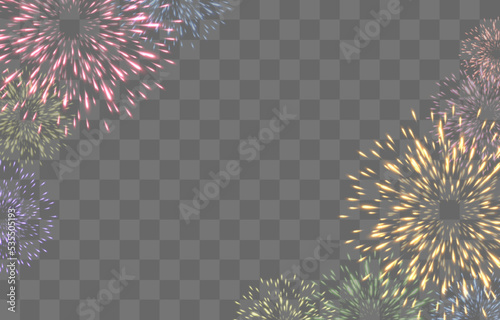 Festive fireworks with brightly shining sparks. New Year's Eve fireworks. Realistic sparks and explosions. Colorful pyrotechnics show. Vector isolated on png background.