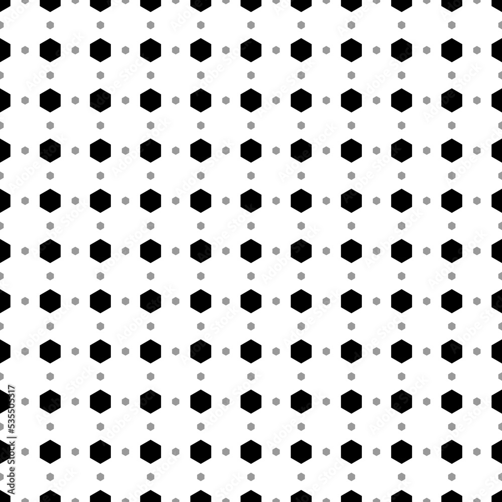 Square seamless background pattern from geometric shapes are different sizes and opacity. The pattern is evenly filled with big black hexagon symbols. Vector illustration on white background Square seamless background pattern from geometric shapes are different sizes and opacity. The pattern is evenly filled with big black hexagon symbols. Vector illustration on white background