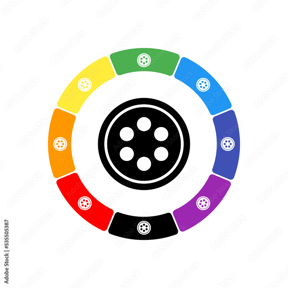 A large black optic cable symbol in the center, surrounded by eight white symbols on a colored background. Background of seven rainbow colors and black. Vector illustration on white background A large black optic cable symbol in the center, surrounded by eight white symbols on a colored background. Background of seven rainbow colors and black. Vector illustration on white background