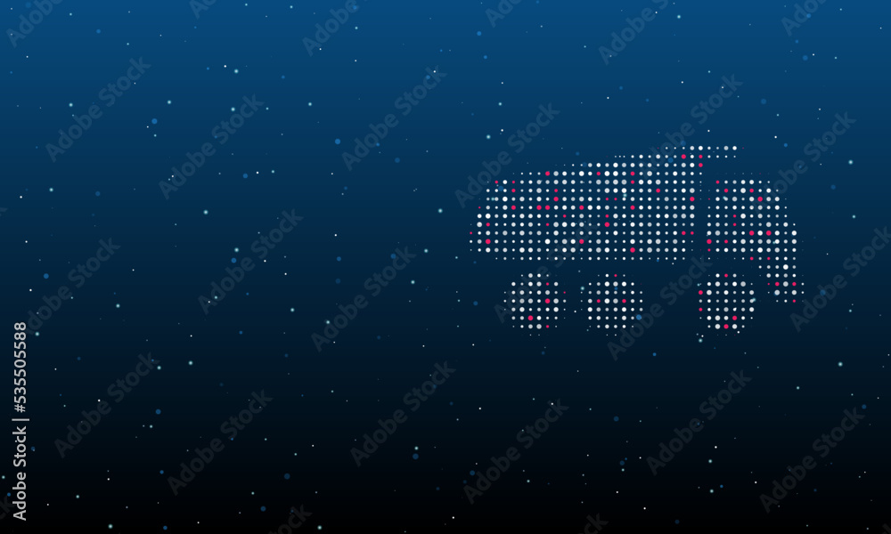 On the right is the truck symbol filled with white dots. Background pattern from dots and circles of different shades. Vector illustration on blue background with stars