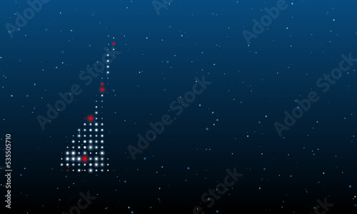On the left is the broom symbol filled with white dots. Background pattern from dots and circles of different shades. Vector illustration on blue background with stars