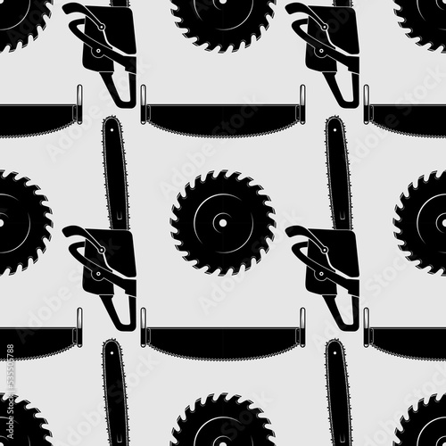 Woodworking seamless pattern with Circular Saw Blade, Hand Saw and Сhainsaw. Vector illustration