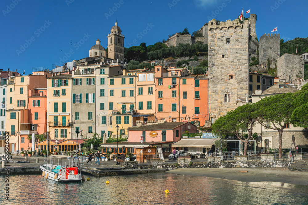 Photograph taken of the typical palaces of the famous town of Porto Venere in the Liguria region of Italy. Photograph of October 2022