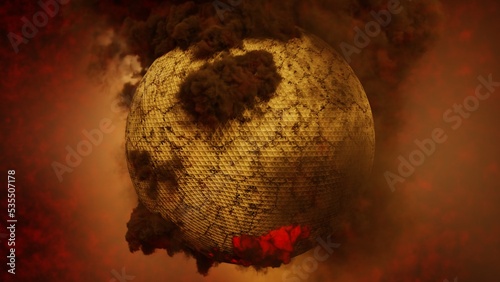 Sphere with thick smoke. Magic realism, mysticism. 3D rendering artwork. Abstract sphere in thick puffs of smoke on an flash red-black background. Glowing spaces in the smoke. 3d illustration