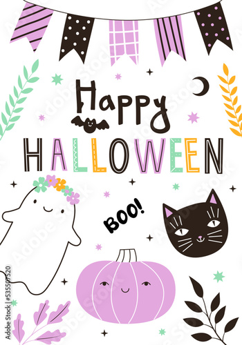Vector postcard with cute pastel halloween doodles. Hand drawn magic characters for kids. Pumpkin, ghost, cat elements for card, poster, invitation design