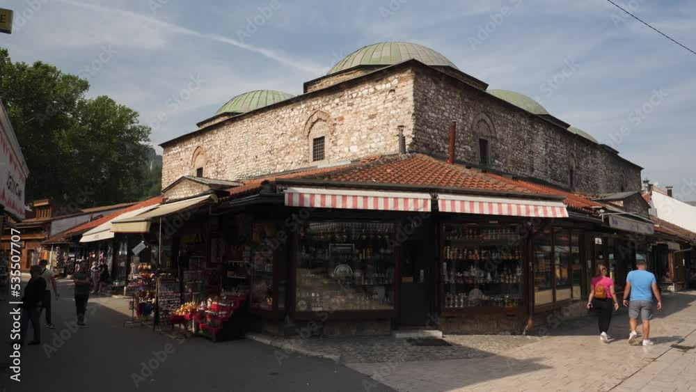 Brusa Bezistan Ottoman Historical Building in Bascarsija, Sarajevo, Pan shot Brusa Bezistan Ottoman Historical Building in Bascarsija, Sarajevo, Pan shot