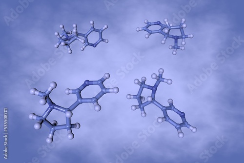 Nicotine, an alkaloid present in the nightshade family of plants. Molecular model on blue background. Scientific background. 3d illustration photo