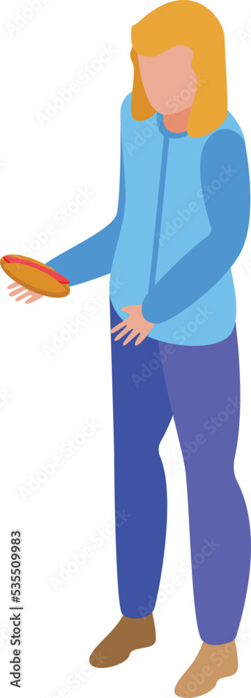 Woman take hot dog icon isometric vector. Seller food. Street cart