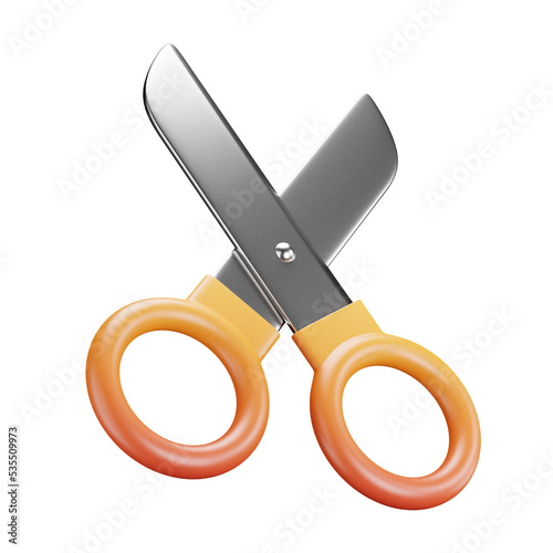 3D cartoon user interface illustration of a scissor open icon on an isolated background. With studio lighting and a gradient colourful texture. 3D rendering