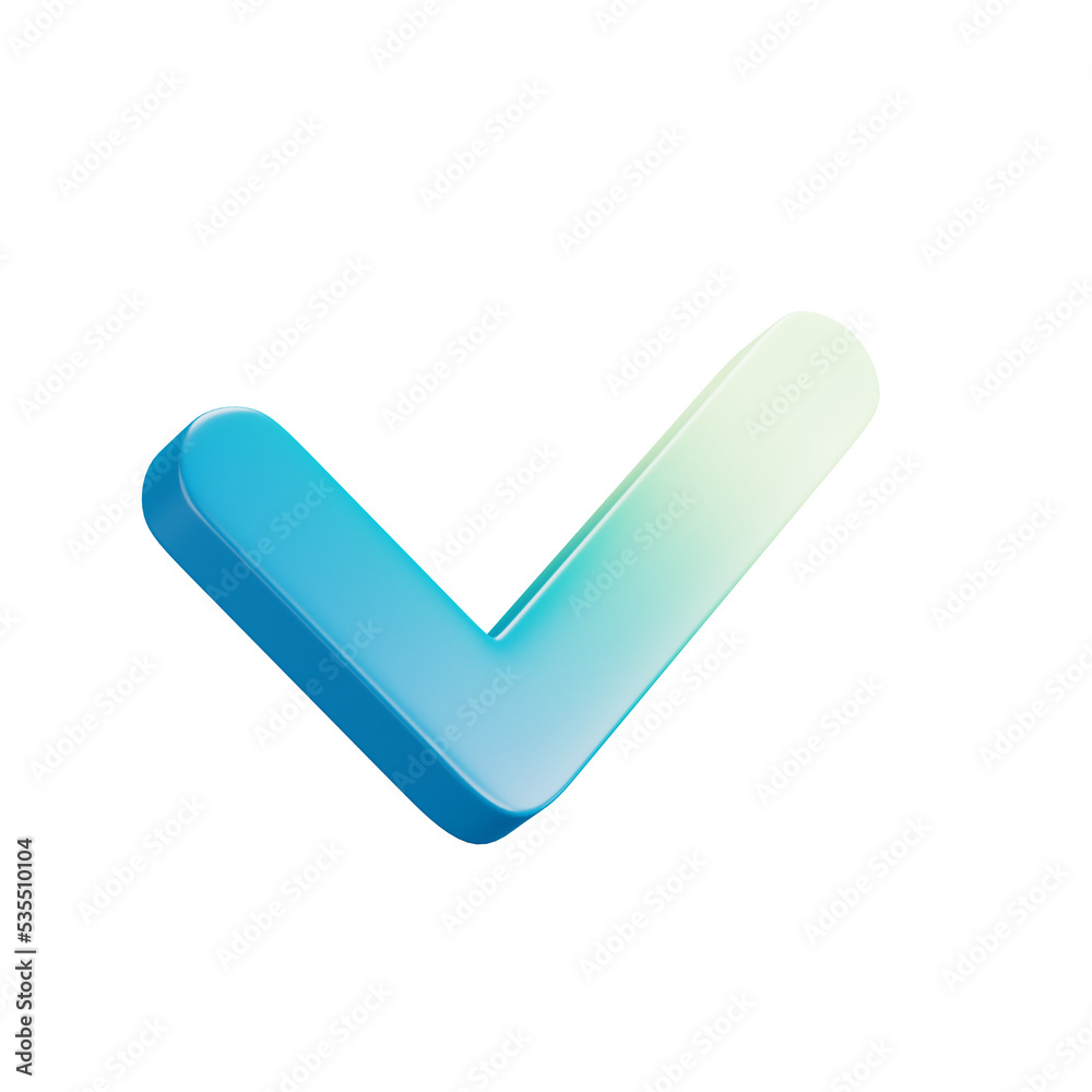 3D cartoon user interface illustration of a tick or approved or affirmative icon on an isolated background. With studio lighting and a gradient colourful texture. 3D rendering 3D cartoon user interface illustration of a tick or approved or affirmative icon on an isolated background. With studio lighting and a gradient colourful texture. 3D rendering