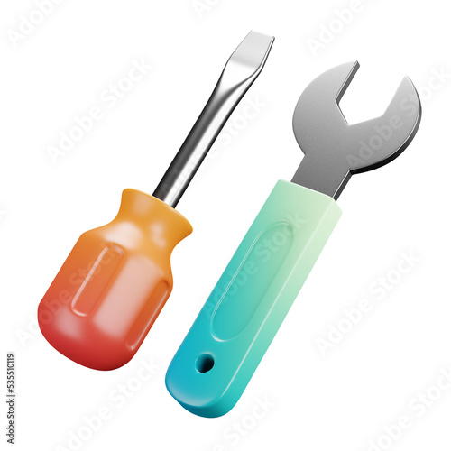 3D cartoon user interface illustration of a tools or screwdriver with wrench or equipment icon on an isolated background. With studio lighting and a gradient colourful texture. 3D rendering