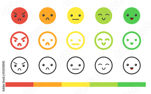 Emotional mood scale isolated flat icon set. Emoji indicator of satisfaction. Emoticon rating color feedback sign. Measurement fun face level symbol isolated on white