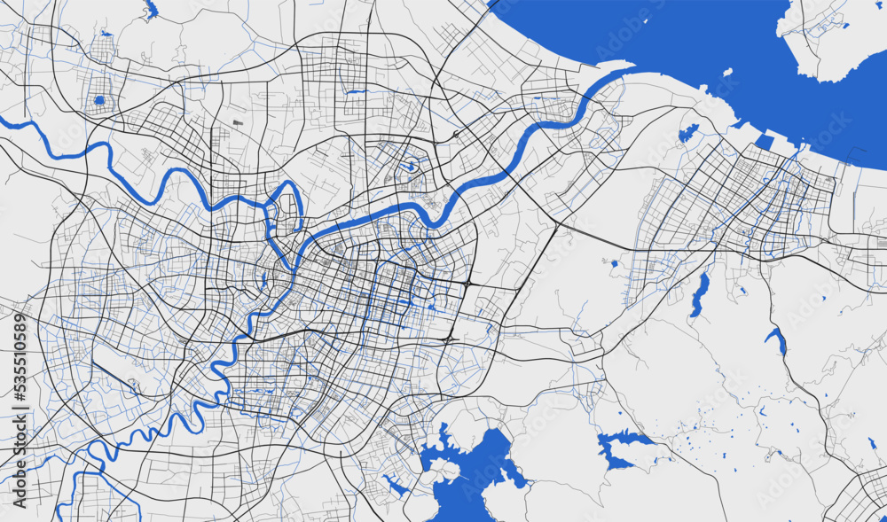 Ningbo map. Detailed map of Ningbo city administrative area. Cityscape panorama illustration. Road map with highways, streets, rivers.