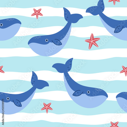 Seamless vector pattern. Sea whales on a background of stripes, red starfish. Sea pattern