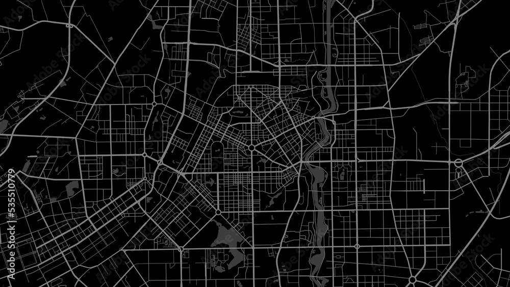 Dark black Changchun city area vector background map, roads and water illustration. Widescreen proportion, digital flat design.