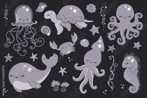 Cute and magical vector set of sea animals. Jellyfish whale narwhal turtle seahorse starfish snails crab squid 