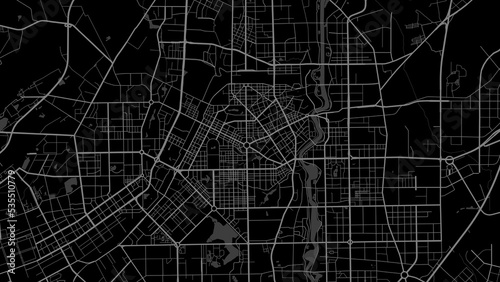 Dark black Changchun city area vector background map, roads and water illustration. Widescreen proportion, digital flat design.