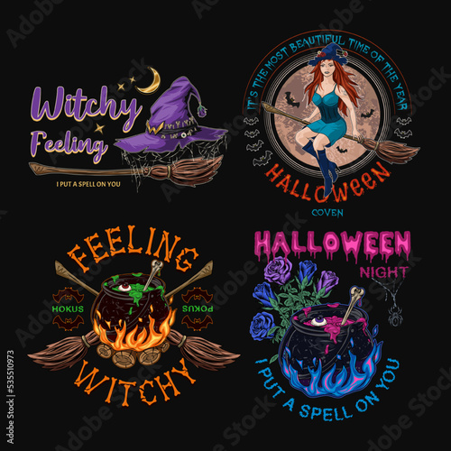 Set of halloween labels with pretty young witch, broomstick, moon, roses, cauldron, fire, witch hat, spiderweb, text, silhouette of bats. Bright colorful emblems in vintage style