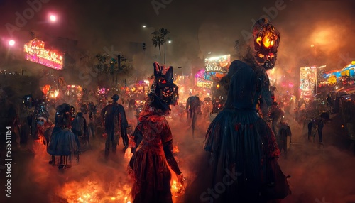 Halloween in Los Angeles. Night carnival on the street. People in masks and costumes.