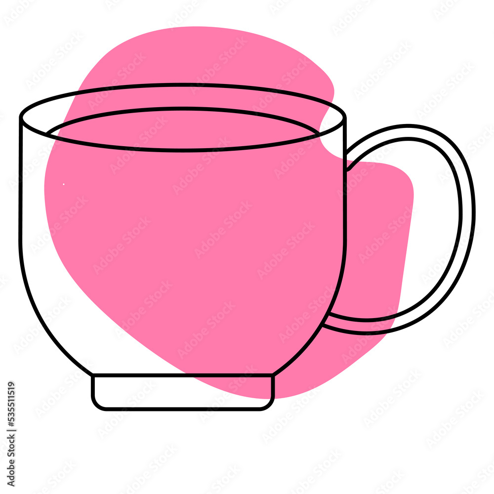 Cup with tea. Simple doodle illustration with pink abstract background