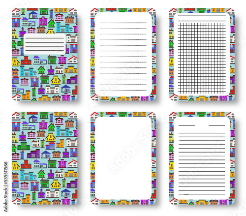 City house notebook cover and lined pages set. Town cottage urban pattern with copy space gridded sheet template for annual notepad brochure copybook diary. Home planner booklet journal print