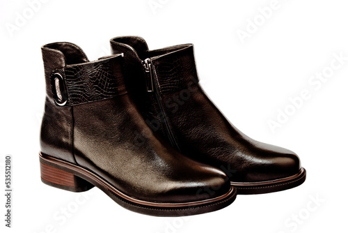 Women's demi-season high boots. classic black leather shoes with zipper.women's boots.summer shoes. on a white isolated background. high heels. 