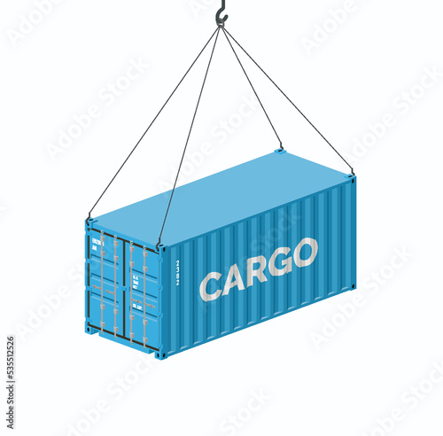 Sea container hanging on a crane hook isolated on white, realistic vector illustration