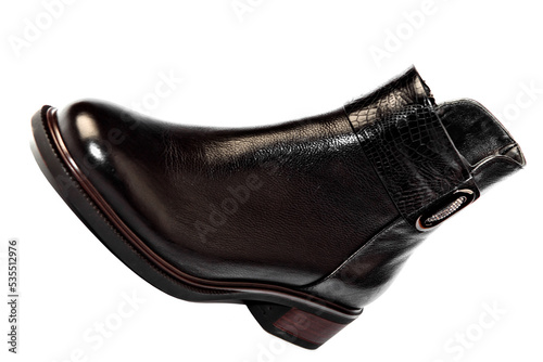 Women's demi-season high boots. classic black leather shoes with zipper.women's boots.summer shoes. on a white isolated background. high heels. 