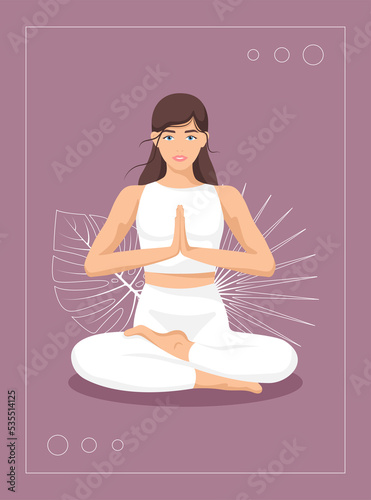 Yoga young woman, card concept. Beautiful girl in a suit doing yoga. Healthy lifestyle. Poster. Template. Illustration in a flat style.