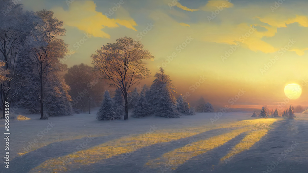 Winter landscape with neon sunset. Snowy flat valley. Colored winter landscape. Frosty winter sunset. Winter landscape with neon sunset. Snowy flat valley. Colored winter landscape. Frosty winter sunset.