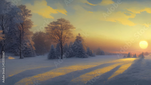 Winter landscape with neon sunset. Snowy flat valley. Colored winter landscape. Frosty winter sunset. 